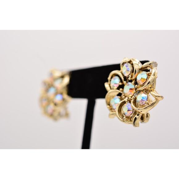 Vintage Crystal Clip On Earrings Flower Rhinestone Aurora Borealis Gold 60s BinZ - Picture 2 of 12